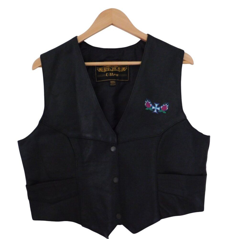 Unik International Womens Sz XXL Leather Vest‎ Motorcycle Cropped Chopper Roses